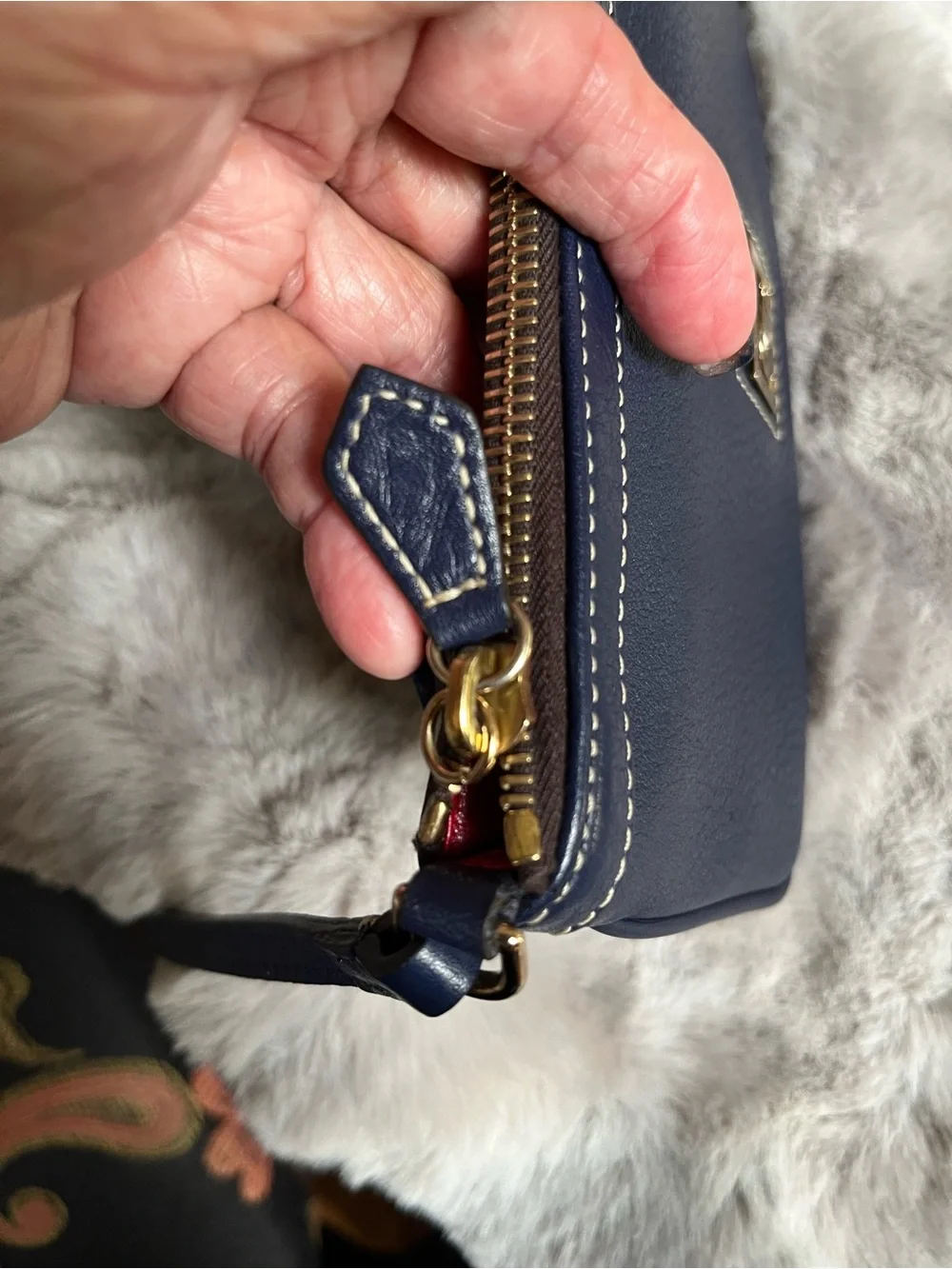 Dooney & Bourke Navy Pebbled Leather Wristlet with Fur Pom